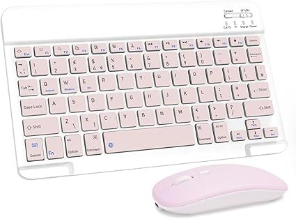 Nsyee Clavier et souris sans fil, clavier Bluetooth tablette portable fin rechargeable universel pour iPad/tablette/PC/iOS/Android/Windows/Samsung Tab/Lenovo, disposition italienne, (blanc et rose)