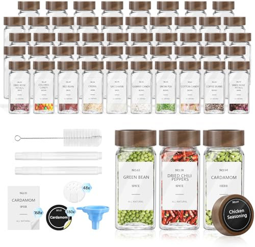 ZEHIQ Lot de 48 pots à épices rectangulaires, avec couvercle en bois d'acacia, 120 ml, avec 348 étiquettes, rangement des épices pour le tiroir de cuisine, avec entonnoir, brosse de nettoyage, stylo