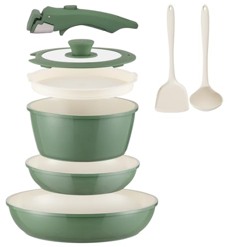 COICUR Set de 8 Pièces Casseroles et Poêles Antiadhésifs en Céramique, Sans PFOA — Compatible avec Induction/Gaz, Poignées Amovibles, Conception Empilable et Lavable au Lave-Vaisselle Vert