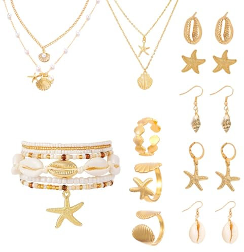 AOWVUTS 17 Stück Schmuck Set für Damen Vergoldete Muschel Seestern Perlen Halskette Ohrringe Ringe Armbänder Fußkette Verstellbares Meerjungfrau Kostüm Boho Schmuck Set Accessoires Strand