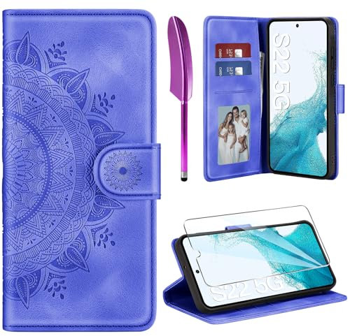ivencase Lederhülle für Samsung Galaxy S22 5G Hülle und Schutzfolie, Premium Klappbar Handyhülle Flip Wallet, [Kartenfach] [PU Leder] [Ständer] Schutzhülle Kompatibel mit Samsung S22 5G, Lila