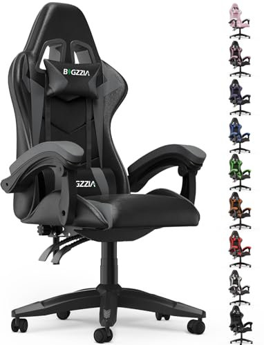 bigzzia Gaming Stuhl Gaming Sessel, 90-135° Rückenlehne Gaming Sessel, Ergonomisch Gaming Chair Mit Kopfkissen Und Armlehnen, Atmungsaktiver Pc Stuhl für Jugendliche Jungen Mädchen Erwachsene Grau