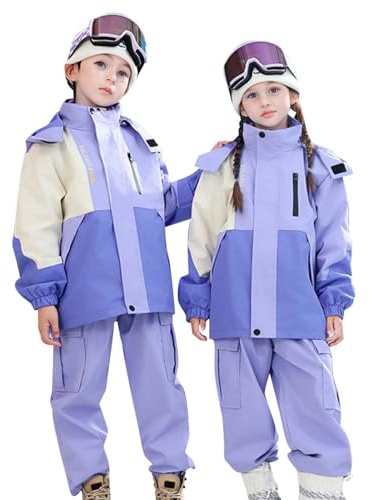 2026 Giacca impermeabile per bambini tuta da sci in pile giacca pantaloni invernale snowboard invernale calda tuta da neve unisex set da tre pezzi, Lilla, 7-8 Anni