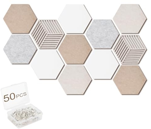 Acidea 12 Stück Filz Pinnwand Sechseckig, Selbstklebende DIY Pinnwand Kork mit 50 Stück Durchsichtig Pushpins, Hexagon-Memoboard für Büro, Home, Schlafzimmer, Wanddekoration
