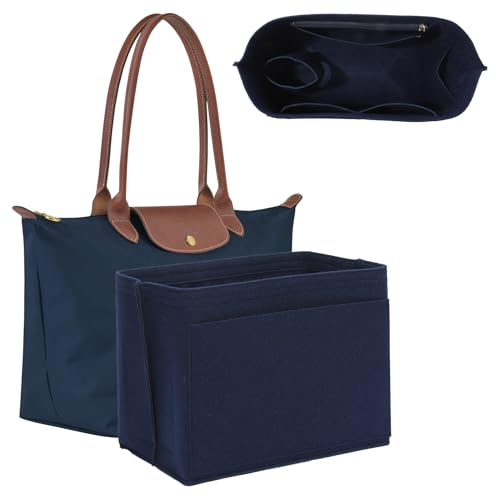 Ingenuity Workshop Bag Organiser for Longchamp Le Plaige Large Tote, Premium Felt Handbag Organiser Insert with Secure Zipper Pocket & Cup Holder, Bag Insert Divider for Women Tote Bags(Large, Navy)