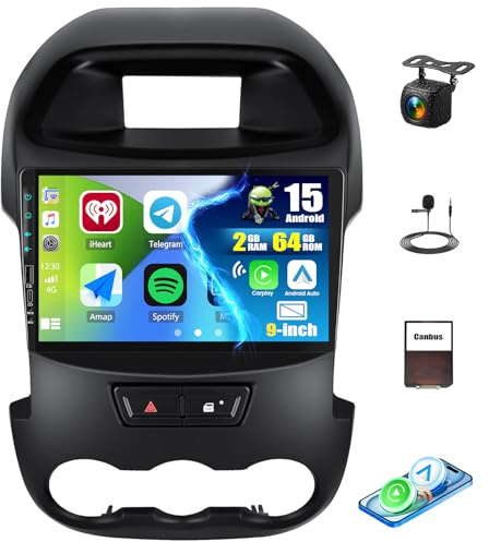 CAMECHO 2G+64G Android 15 Autoradio für Ford Ranger PX mit Navi Carplay Android Auto, 9-Zoll Bildschirm Doppel Din Autoradio mit Bluetooth RDS EQ Mirror Link+Rückfahrkamera