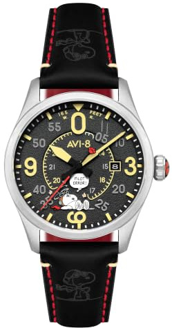 AVI-8 Spitfire Smith Automatikuhr für Herren, 42 mm, Snoopy Peanuts Flying Ace Pilot Error, limitierte Auflage, Lederarmband, AV-4152