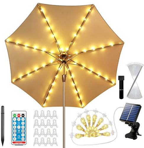 HOVCEH Illuminazione Solare Per Ombrellone Con Telecomando E Clip, Catena Luminosa Per Ombrellone Con 104 LED, 8 Modalità, Decorazione Per Campeggio, Feste