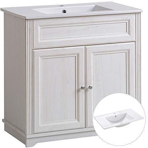 Lomadox Landhaus Badmöbel 80cm Waschtisch-Unterschrank Pinie weiß mit Keramik-Waschbecken, B/H/T 81/79/45 cm