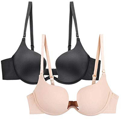 Nanier Damen Deep U Push Up Multiway Convertible Plunge BH Unterwäsche Schwarz+Aprikosen 85D
