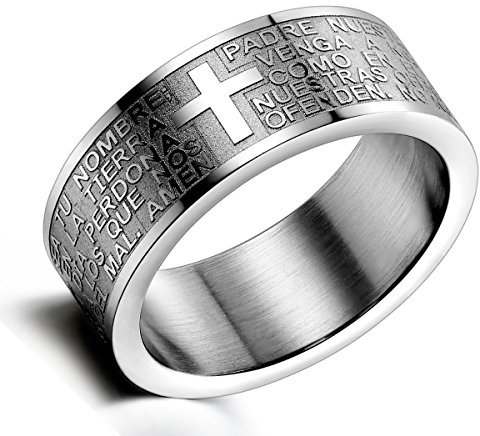 Flongo Kreuz Bibel Herren Ring: Spanische Bibel Gravur Amulett Schutz Christlich Religiös Daumenring Silber Ton Verlobung Bandring Siegelring Spanisch Bibel Kreuz Rosenkranz Ringgröße 68
