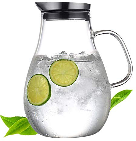 2.5 Liter Glas Karaffe Krug mit Deckel und Auslauf, Glaskanne aus Hitzebeständigem Borosilikatglas,Saft Krug, für hausgemachte Getränke, Eistee, Milch, Kaffee und Wein