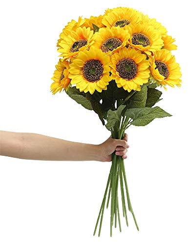 Laelfe Große Künstliche Sonnenblumen Deko, 60cm Lange Stiel Seide Gefälschte Sonnenblumen für Hohe Vasen/Haus/Hochzeit/Geburtstag (Dark Center, 6 Pcs)