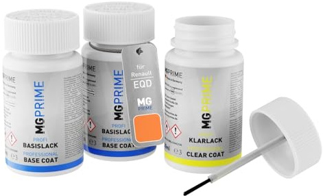 MG PRIME Autolack Lackstifte für Renault EQD Jaune Mango/Mango-Gelb +1K | Set aus Grundlack + Basislack + Klarlack, Lackfläschchen mit Pinsel, je 50ml
