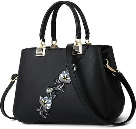 VARLIVOO Handtasche Damen Mittelgroß Elegant Taschen mit Blumenstickerei Leader PU Henkeltasche Frauen Schultertasche Shopper fur Reisen Büro Einkauf Schwarz