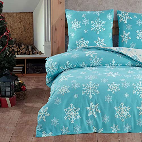 Style Heim Biber Bettwäsche 200x200 cm Flauschige Winterbettwäsche 3 Teilig 100% Baumwolle mit Reißverschluss Bettwäsche-Set Kissenbezüge 80x80cm, Wendebettwäsche Star Eiskristall, Weiß Cyan