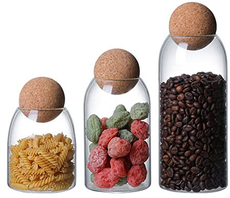 OnePine Lot de 3 Bocal en Verre Hermétique avec Bouchon en Liège, Pots à Épices Bocaux de Stockage en Verre pour Conserver Les Épices, Le Thé, Le Sucre, Le Café, Les Noix