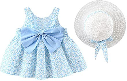 IWEMEK Robe Bébé Enfant Fille été Fleur Imprimé Costume Princesse Nœud Papillon Ensemble Trapèze sans Manches + Chapeau de Paille Décontractée Ceremonie Plage Vacances Loisir Fête #Bleu 6-12 Mois