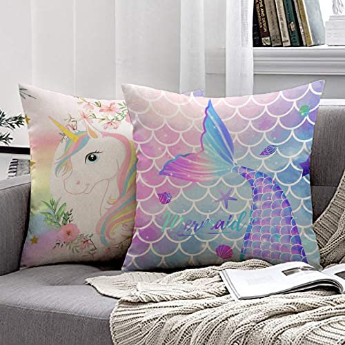 MUSOLEI Einhorn Kissenbezug 45X45cm 2er Kinder Samt Kissenbezug Meerjungfrau Einhorn Deko Kissenhülle Plüsch SofaKissenbezug mit Reißverschluss Kissenbezüge Mädchen, Einhorn A