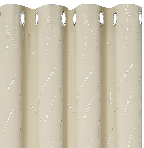 BUHUA Blickdichte Gardinen Verdunklungsvorhänge, Lichtundurchlässig Vorhang mit Muster, Ösenvorhang Thermogardinen für Schlafzimmer, Beige 214x132cm(HxB), 2er Set