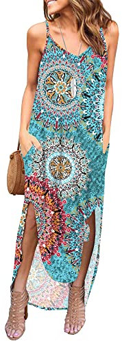 AUSELILY Maxikleid Damen Sommer Strandkleid Lang V-Ausschnitt Trägerkleid Damen Sommer Freizeitkleider Lang mit Schlitz Einstellbar Spaghettiträger Kleid Maxi Sexy mit Taschen