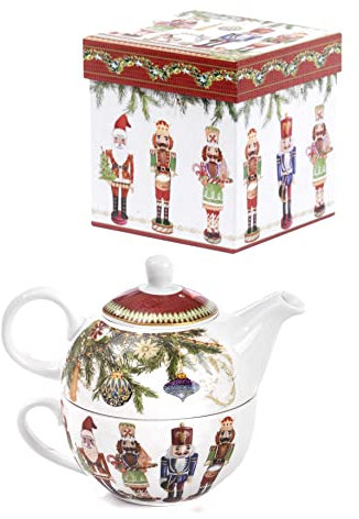 Set théière + tasse avec soldats casse-noisette de Noël 17 cm en porcelaine avec Color Box Nàvel