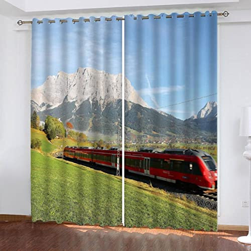 JIARAO Vorhänge mit Ösen 2er Set Blickdichte Vorhänge Zug Lokomotive Verdunkelung Vorhänge Wohnzimmer Modern Gardinen Eisenbahn-Industriestil Scheibengardinen mit Schlaufen 183 x 214 cm BxH