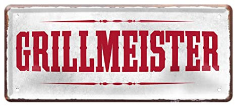 Grillmeister Schild - Grill Spruch Blechschild - Deko für Terrasse Balkon Garten Grillplatz Grillecke Grillhütte Küche - Geschenkidee Grilleur Meister des Feuers - Grill Hobby Zubehör - 28x12cm