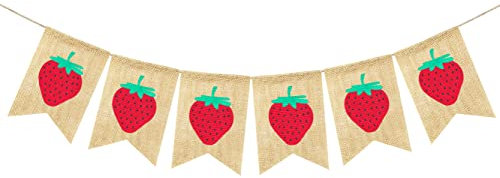 VILIFEVER Jute-Erdbeer-Banner, Girlande, Erdbeer-Thema, Babyparty, Geburtstagsparty, Dekorationen, Zubehör, Berry Sweet Home Office Klassenzimmer Hängeschild Fotoautomaten-Requisiten