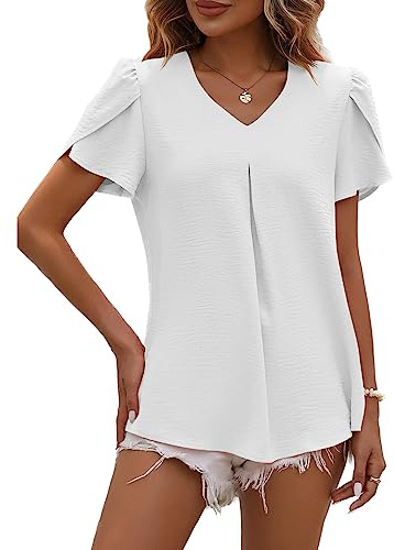 LEKOPUR Bluse Damen Sommer Kurzarm V-Ausschnitt Tunika Einfarbig Chiffon Oberteile Elegant Casual Shirt Top
