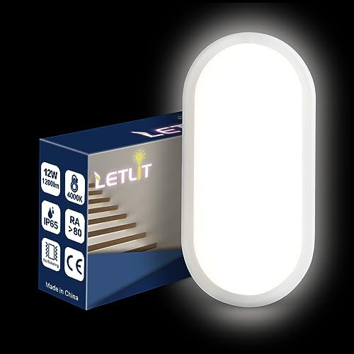 Letlit Deckenleuchte LED Wandleuchte Innen, 12W 1200LM LED Lampe Kellerlampe Oval, IP54 Wandlampe Außen Feuchtraumleuchte Aussenlampe, Neturalweiß 4000K Deckenlampe für Keller Flur Treppe Garage
