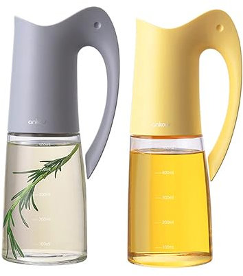 Ankou Auto Flip Lid Oil Dispenser Bottle for Kitchen-20oz 580ml Set of 2 Glass Olive Oil Dispenser Bottles with Scale, Oil and Vinegar Condiment Storage Container Set, Non-Drip Spout, Leakproof