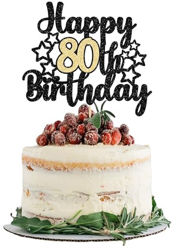Gyufise 1Pc Happy 80th Birthday Cake Topper Happy 80th Birthday Cake Decoration for 80 & Fabulous Birthday Hello 80 Party Anniversary Party Cake Decorations Supplies Black Gold Glitter
