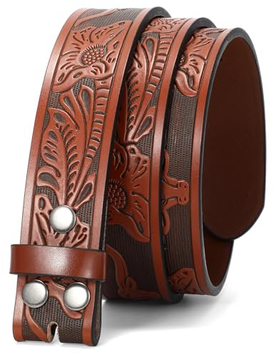 JasGood Western Gürtel für Herren Damen Ledergürtel ohne Schnalle Gürtelriemen Wechselgürtel Floral Graviert Geprägter Cowboy Gürtel für Jeans Hosen 38mm Breit,Braun,130cm