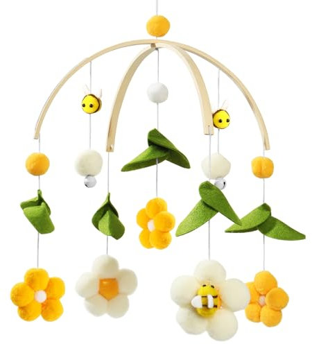 Mobile Baby Waldtiere, Frische Blumen und Bienen, Holz Baby Mobile babybett spielzeug mit Wollknäuel, Windspiel baby für Kinderzimmer Deko, Neugeborenen Geschenk