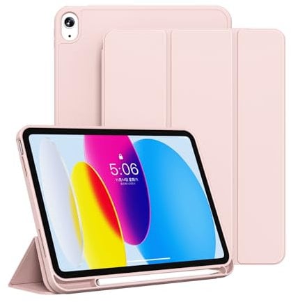 KVTVOU Case for iPad A16 11th Generation 2025, for iPad 10th Generation 2022 10.9 Inch, Classic Case with Pencil Holder, Trifold Stand, Soft TPU, Slim & Protective, Auto Wake/Sleep, Pink