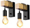 Wowlela 2 Stücke Wandleuchte Innen Vintage Dimmbar Wandlampe Schwarz E27 mit Schalter Industrial Holz Wandleuchte Innen für Treppenhaus Flur Cafe Bar Restaurant Hotel Wohnzimmer (Ohne Leuchtmittel)