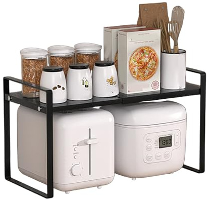 Gevvnss Ripiani Cucina Salvaspazio,Scaffale Organizer Mensole Espandibili 35-65 * 22 * 25cm,Organizer Divisorio per Cucina,Spezie,Banconi,Dispensa,Bagno,Set di 1,Nero | Organizer per armadio e dispensa, salvaspazio per piano di lavoro, in acciaio al carbonio nero (35-65 x 22 x 25 cm)