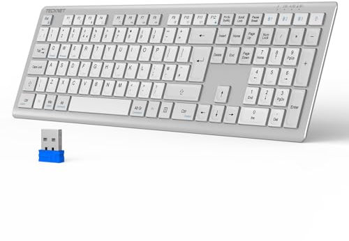 TECKNET Wireless Keyboard, Rechargeable 2.4GHz USB Bluetooth Keyboard for 4 Multi Devices, Ultra Slim Full Size UK Layout Keyboards for Computer, Laptop, Tablet, Desktop, Phone (Silver White)
