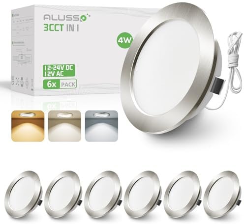 ALUSSO 12-24V LED Einbaustrahler Decke 4W Möbel Einbaustrahler 3000K Warmweiß 4000K Neutralweiß 6000K Kaltweiß, Einbaustrahler LED Flach Bohrloch 55-58mm und 14.5mm Flache, IP44 Wasserdicht, 6er Set