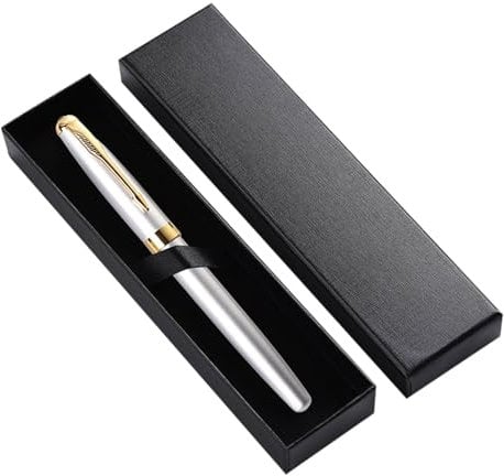 Personalised Laser Engraved Stainless Steel Fountain Pen, Medium Nib Classic Design with Gift Box Set, Engraved with Your Name, Best Gift Set for Men & Women, Professional, Birthday (Silver)