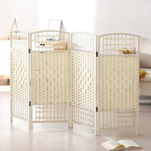 Séparateur De Pièce en Rotin À 3/4/5 Panneaux | sur Pied Diviseur Mural Temporaire| Cloison Pliante Paravent en Bois À Persiennes pour Maison, Salon, Bureau, Chambre, Restaurant(Blanc,120x40cm-5PCS)