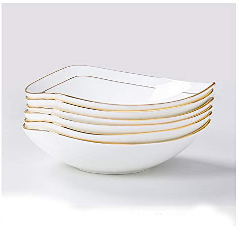Lot de 6 assiettes plates en céramique blanche avec bordure dorée triangulaire, pour salade, pâtes, fruits, apéritif créatif