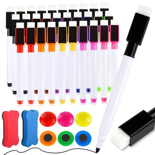 WATUNID 30 Stück Whiteboard Marker, 10 Farbe Magnetische Whiteboard Stifte mit Schwamm und 6 Magnete, 3 in 1 Folienstift Trocken Abwischbar Stift für Büro, Schule