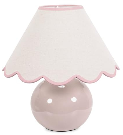 ValueLights | Stone Natural Ceramic Table Lamp with Pink Trim Scallop Lampshade Living Room Bedside Light | Table Lamps, Home Décor & Improvement Essential | Included LED Bulb