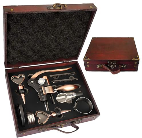 Set di cavatappi da Vino con Scatola in Legno Antico, Set da Sommelier con cavatappi, Set di Accessori da Vino, Set di cavatappi con Testa di Coniglio, Anelli salvagoccia (Antike Kiste3)
