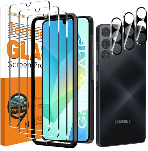 QsmQam 3 Pièces Verre Trempé pour Samsung Galaxy A16 4G/5G et 3 Pièces Caméra Arrière Protecteur, Film Protection écran, 9H Dureté, Anti Rayures, Vitre Protection pour Samsung A16
