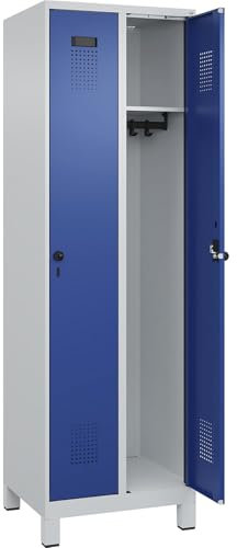 C + P Möbelsysteme C+P | Spind Evolo Plus | 2 Abteile | lichtgrau/enzianblau | B 600 mm | mit Breiten Füßen | Drehriegel