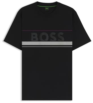 BOSS Mens Tee Iconic Zone Cotton-Jersey T-Shirt with Stripes and Logo Black