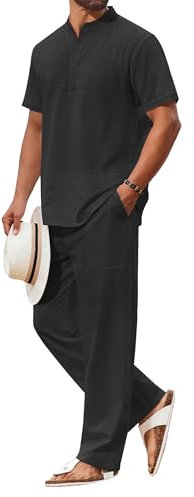 COOFANDY 2-teiliges Herren-Set, Baumwolle, lässig, kurzärmelig, Henley-Shirts und Strandhosen mit Taschen, Sommerurlaub-Outfits, Schwarz, XX-Large